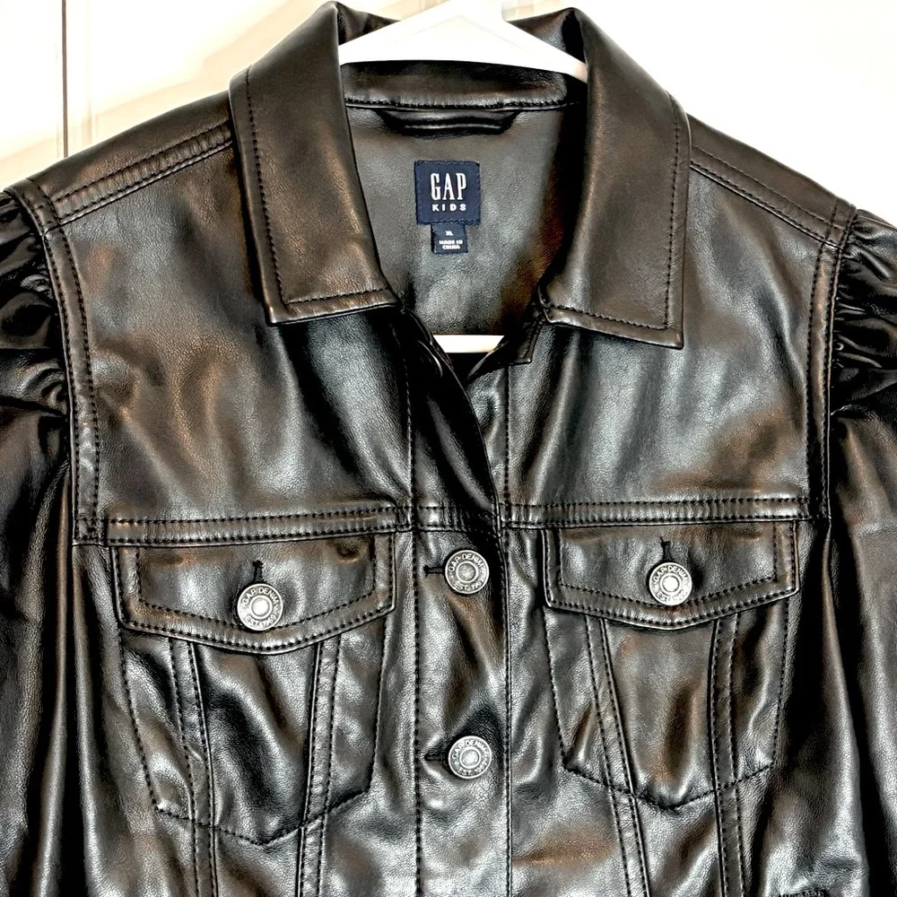 GAP Black Faux Leather Puff Shoulder Jacket Girls XL